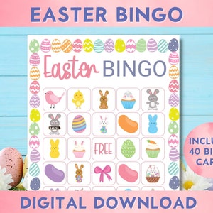 Bingo de Pascua, juego imprimible, 40 cartones de bingo únicos, actividades en el aula, diversión familiar