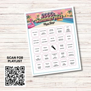 Puede incluir: Una hoja de juego de bingo musical de los &eacute;xitos del verano de los 2000 en blanco con un fondo de escena de piscina tropical. El juego incluye t&iacute;tulos de canciones y nombres de artistas. Un c&oacute;digo QR para una lista de reproducci&oacute;n est&aacute; en la esquina inferior izquierda.