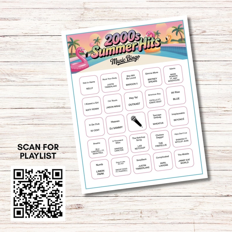 Puede incluir: Una hoja de juego de bingo musical de los &eacute;xitos del verano de los 2000 en blanco con un fondo de escena de piscina tropical. El juego incluye t&iacute;tulos de canciones y nombres de artistas. Un c&oacute;digo QR para una lista de reproducci&oacute;n est&aacute; en la esquina inferior izquierda.