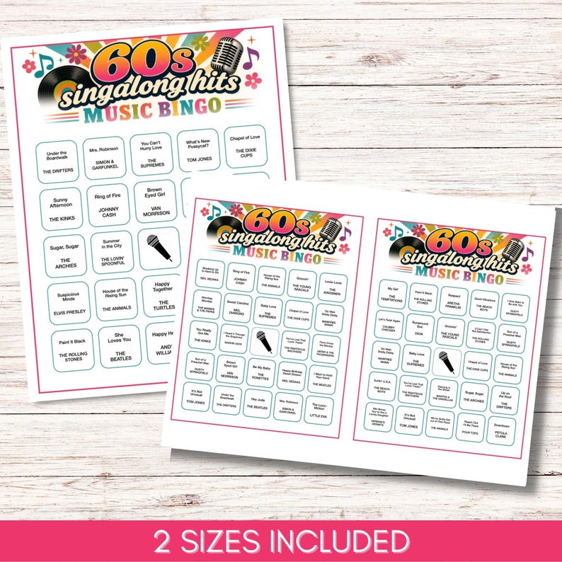 May include: Three white paper bingo game cards featuring the colorful text 60s singalong hits MUSIC BINGO, decorated with illustrations of vinyl records, microphones, and flowers. Each card contains a grid of song titles and artist names.