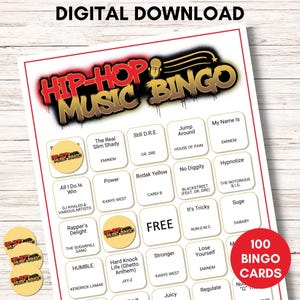 Juego de bingo de hip hop: tarjetas de bingo de música para imprimir: actividad divertida para fiestas: descarga digital instantánea