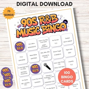 Può includere: Un gioco di bingo musicale R&B degli anni '90 stampabile con 100 carte, con titoli di canzoni e artisti. Il design include un logo colorato e il testo "Download digitale" e "75 canzoni". Include adesivi R&B degli anni '90.