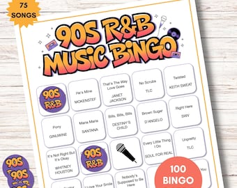 90s R&B Music Bingo, Printable Bingo Game, Throwback 90s Party Game, Instant Download