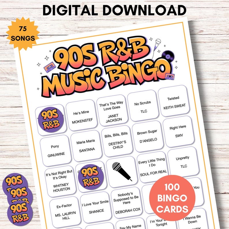 90s R&B Music Bingo, Printable Bingo Game, Throwback 90s Party Game, Instant Download
