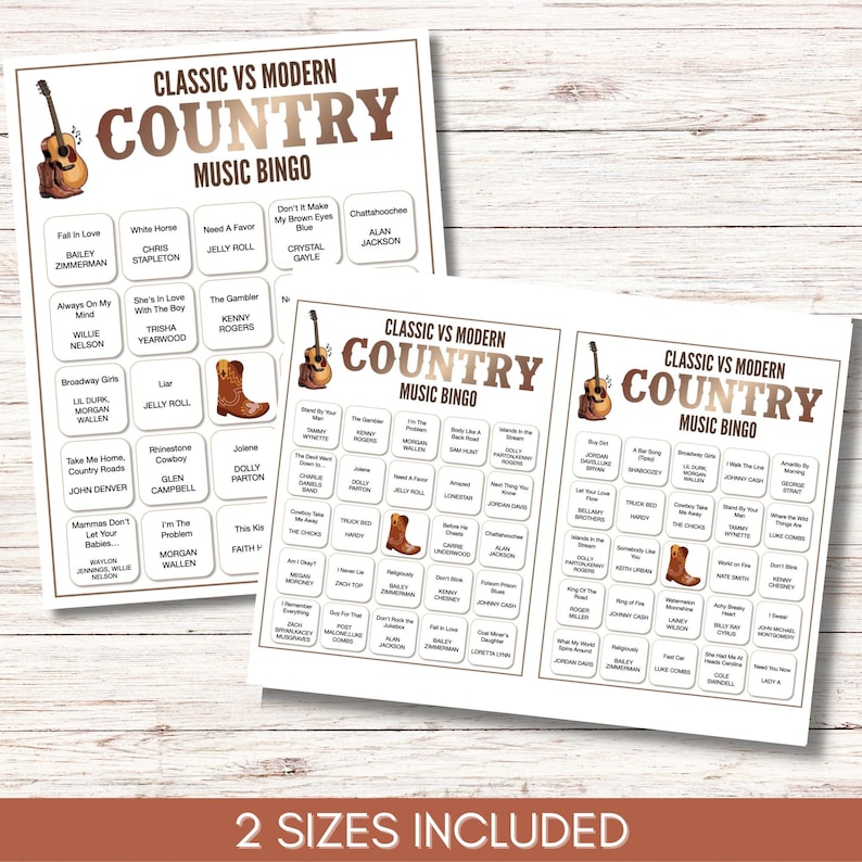 Modern vs Classic Country Music Bingo – 100 Cards Printable Party Game