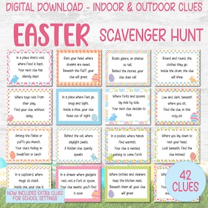 Easter Scavenger Hunt For Kids, Indoor Outdoor Easter Game, Treasure Hunt Clues, Easter Hunt Clues, Easter Egg Hunt, Kids Easter Activities