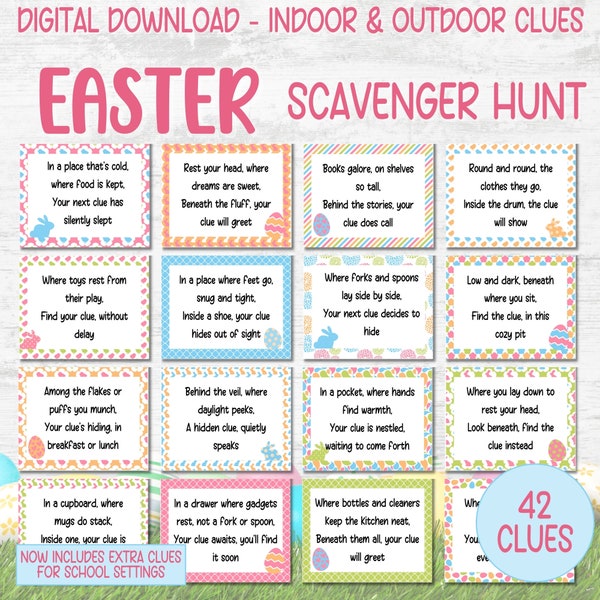 Easter Scavenger Hunt For Kids, Indoor Outdoor Easter Game, Treasure Hunt Clues, Easter Hunt Clues, Easter Egg Hunt, Kids Easter Activities