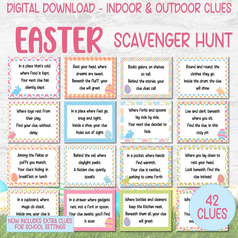 Easter Scavenger Hunt For Kids, Indoor Outdoor Easter Game, Treasure Hunt Clues, Easter Hunt Clues, Easter Egg Hunt, Kids Easter Activities