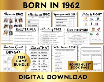 62nd Birthday Party Games, Born in 1962, Printable 10 Game Bundle, Instant Download, Bingo, Price Is Right, Music, Trivia, Guest Book