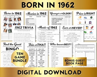 63rd Birthday Party Games, Born in 1962, Printable 10 Game Bundle, Instant Download, Music, Trivia, Guest Book BP001