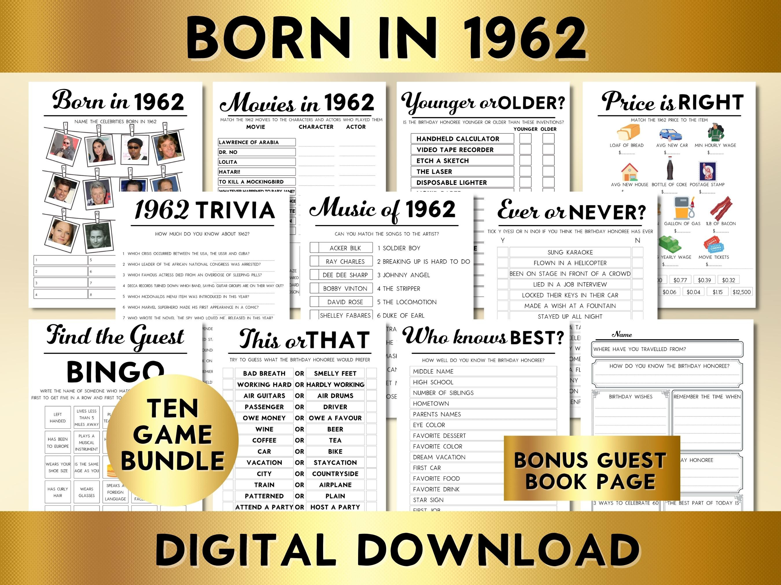 63rd Birthday Party Games, Born in 1962, Printable 10 Game Bundle, Instant Download, Music, Trivia, Guest Book BP001