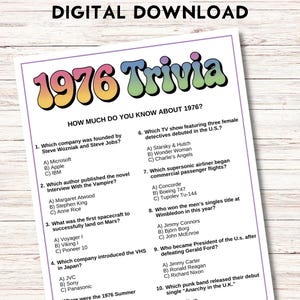 Op de afbeelding: Een digitaal download trivia-spelblad met de titel "1976 Trivia" in een kleurrijk retro-lettertype. Het blad bevat tien meerkeuzevragen over gebeurtenissen uit 1976, zoals de oprichting van Apple en de debuut van Charlie's Angels.