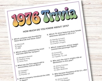 1976 Trivia Game, 50th Birthday Party Activities, Printable Fun Facts, Instant Download