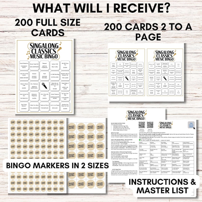 Singalong Classics Music Bingo, 75 Songs, 200 Cards, Printable Party Game, Instant Download