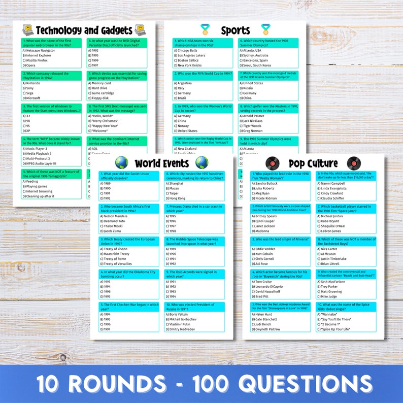 90's Trivia Quiz, Game Night, Bar Quiz, 1990's Family Games, Nineties, 100 Questions, Printable Instant Download
