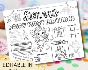 Fairy First Birthday Placemat: Personalized Party Activity (Digital Download