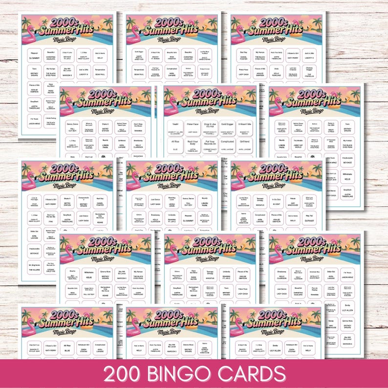 2000s Summer Hits Music Bingo - 200 Cards, Y2K Party Game (Printable)