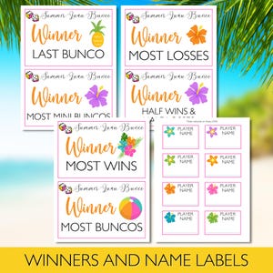 May include: Printable game cards for a summer luau bunco party. The cards are white with pink borders and feature tropical flowers, pineapples, and beach balls. The cards say "Winner" and list different categories for winning, such as "Most Wins" and "Most Buncos". There are also blank name tags with flowers.