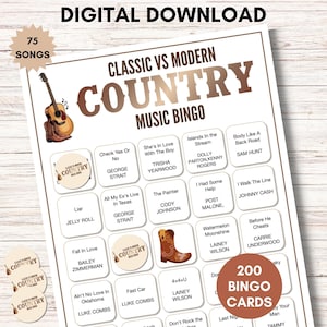 Modern vs Classic Country Music Bingo – 200 Cards Printable Party Game (Large Group)