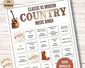 Bingo de Música Country Moderna vs. Clássica – Jogo de Festa Imprimível com 200 Cartelas (Para Grupos Grandes)