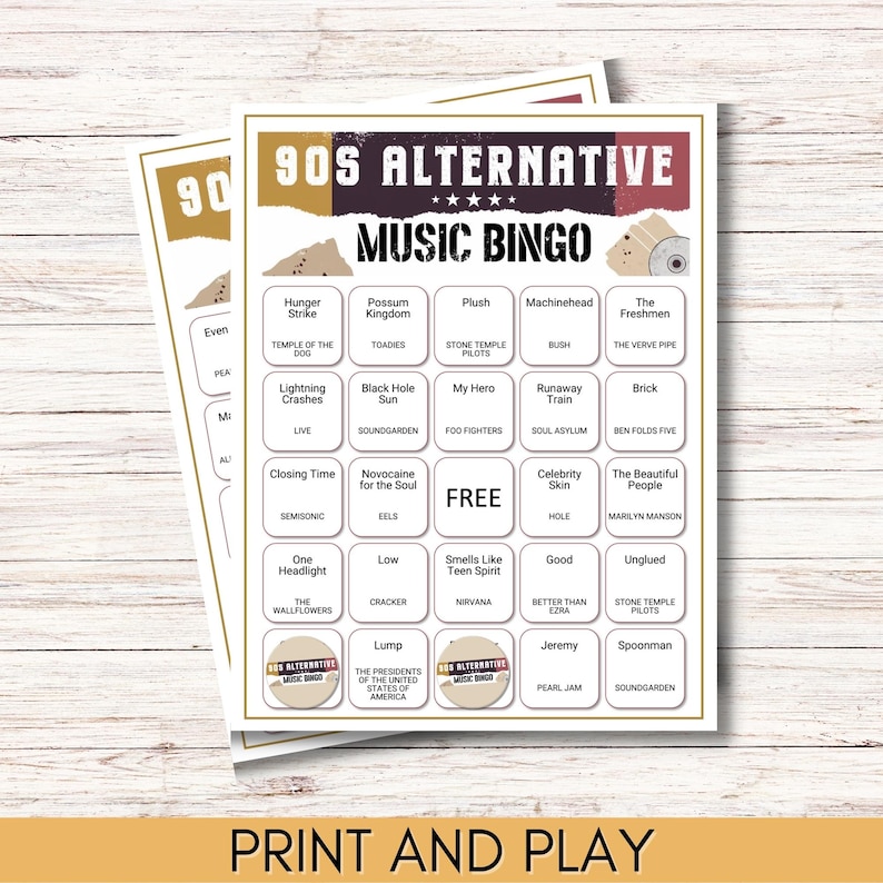 90s Alternative Music Bingo – The Ultimate Grunge & Alt-Rock Throwback Game, Printable Music Game, Party Game, Instant Download