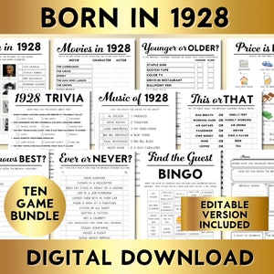 Peut inclure: Un lot de dix cartes de jeu imprimables téléchargeables numériquement pour une fête d'anniversaire sur le thème de 1928. Les jeux comprennent "Né en 1928", "Films en 1928", "Plus jeune ou plus âgé", "Le prix est juste", "Quiz de 1928", "Musique de 1928", "Ceci ou cela", "Qui connaît le mieux", "Toujours ou jamais", et "Bingo : Trouvez l'invité".