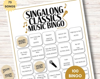 Puede incluir: Una descarga digital de un juego de bingo musical Singalong Classics. El juego presenta 75 canciones y 100 cartones de bingo. El diseño incluye un gráfico de micrófono y títulos de canciones como "Respect" y "My Girl".