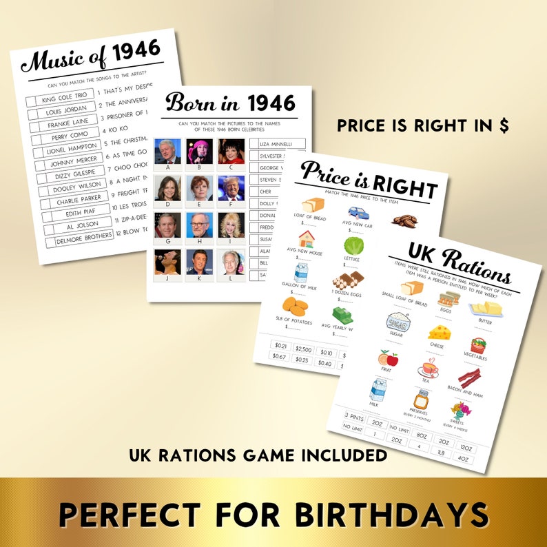 79th Birthday Party Games, Born in 1946, Printable 10 Game Bundle, Instant Download, Editable, Personalize, Music, Trivia, Guest Book BP001