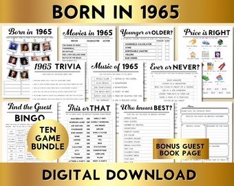 59th Birthday Party Games, Born in 1965, Printable 10 Game Bundle, Instant Download, Editable, Personalize, Music, Trivia, Guest Book BP001