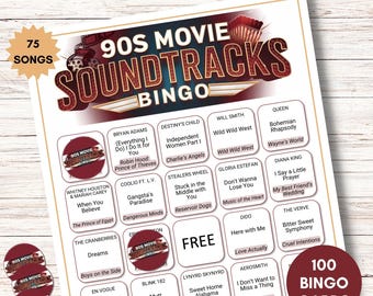 90s Movie Soundtracks Bingo – Printable Music Game with Spotify Playlist, 100 Cards – Includes Music Squares Version, Instant Download