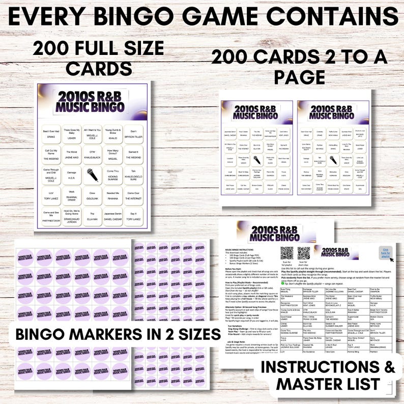 R&B Music Bingo Bundle – 5 Games | 200 Cards, 80s, 90s, 2000s, 2010s, Party Classics, Printable Party Game