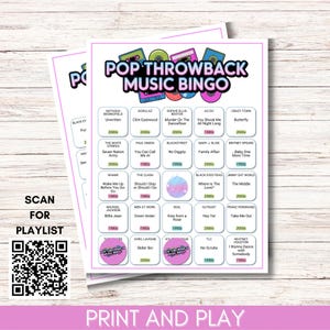 Pop Throwback Music Bingo, Printable 80s 90s 2000s Music Game, 75 Song Playlist