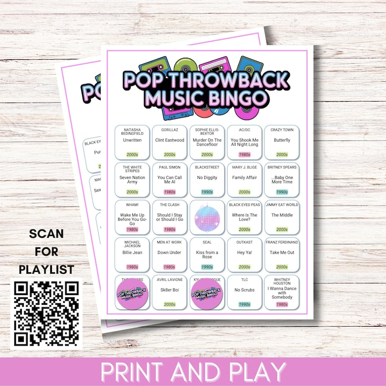 Pop Throwback Music Bingo, Printable 80s 90s 2000s Music Game, 75 Song Playlist