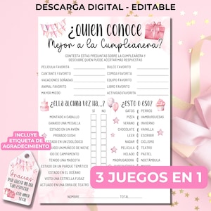 Quién Conoce Mejor a la Cumpleañera? Juego de Cumpleaños Editable en Imprimible in Rosa, Juegos para Fiestas de Jóvenes en Adolescentes