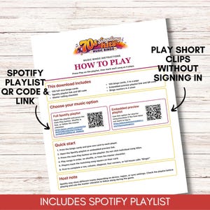 May include: A 70s Singalong Hits Music Bingo instruction sheet featuring a colorful logo, a how-to-play guide, and two QR codes for Spotify playlists. The document outlines game rules, includes a quick start section, and a host note.