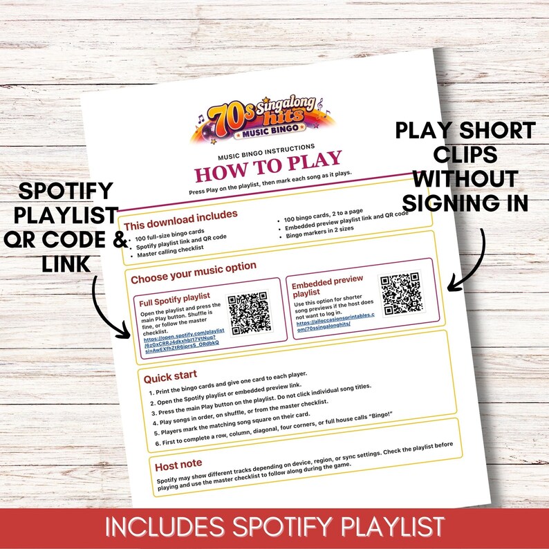 May include: A 70s Singalong Hits Music Bingo instruction sheet featuring a colorful logo, a how-to-play guide, and two QR codes for Spotify playlists. The document outlines game rules, includes a quick start section, and a host note.