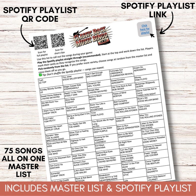 Classic Rock Music Bingo for Adults, Rock n Roll Game Night Printable