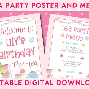 Teeparty Willkommensposter und Menü, bearbeitbar druckbar, personalisierte Mädchen-Geburtstagsfeier, Nachmittagstee-Party, TP001