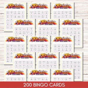 May include: A collection of 200 bingo cards titled 70s Singalong Hits Music Bingo. Each card features a colorful header with musical notes and a grid of song titles and artist names. The cards are printed on white paper with black text.