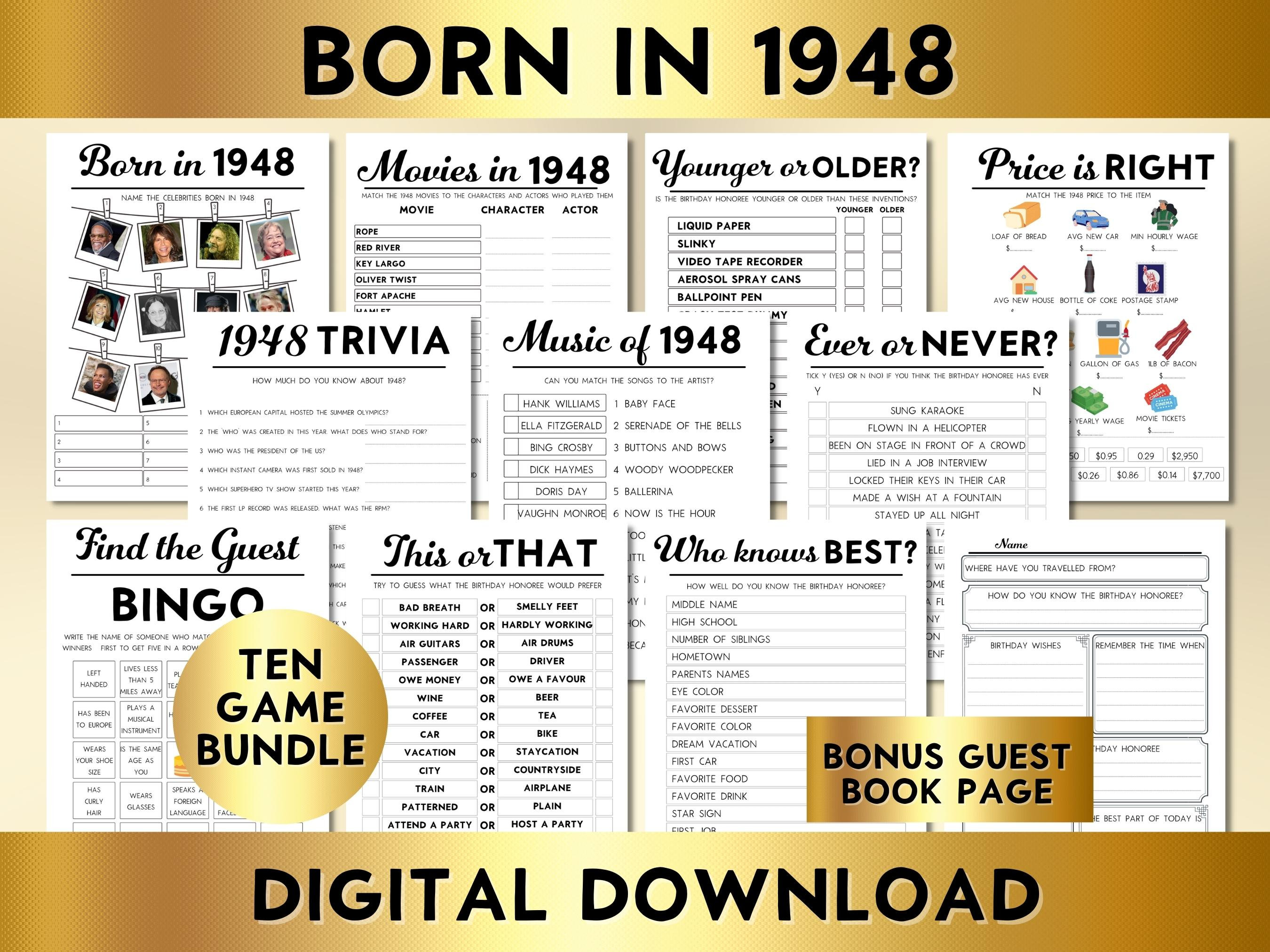 75th Birthday Party Games Born in 1948 Printable 10 Game - Etsy Denmark