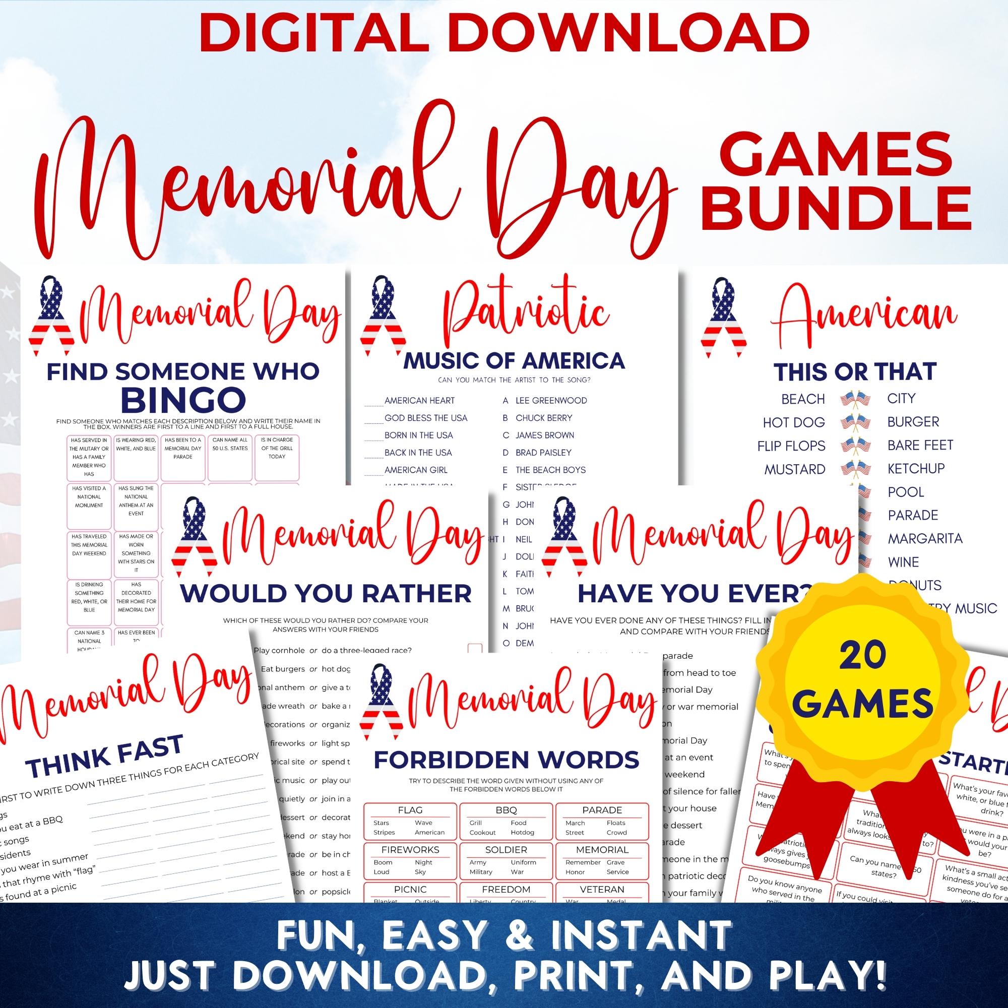 Memorial Day Game Bundle, 20 Printable Patriotic Games, Family Trivia & Party Activities, Instant Download USA Holiday Fun