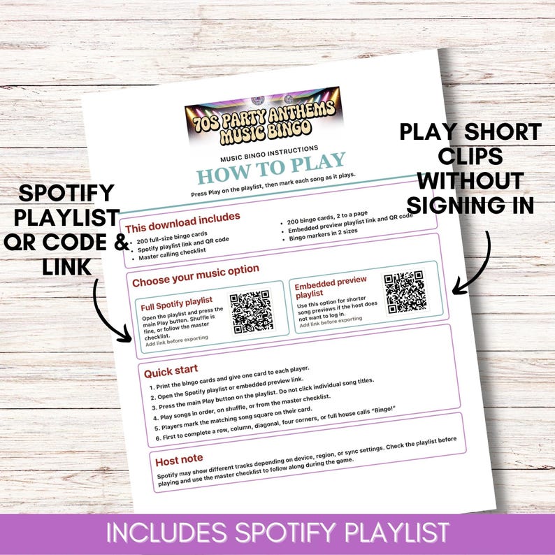 70s Party Anthems Music Bingo, 75 Songs, 200 Cards, Printable Retro Party Game