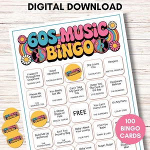 Bingo musical dos anos 60, jogo de festa para impressão com clima retrô, download digital com 100 cartelas de bingo - inclui versão com quadrados musicais