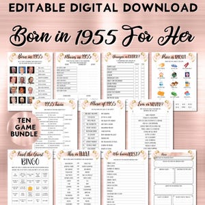 Geburtstagsspiele für Sie, geboren 1955, Trivia Quiz, lustige druckbare Aktivitäten, druckbarer Spaß für Frauen, Sofort Download