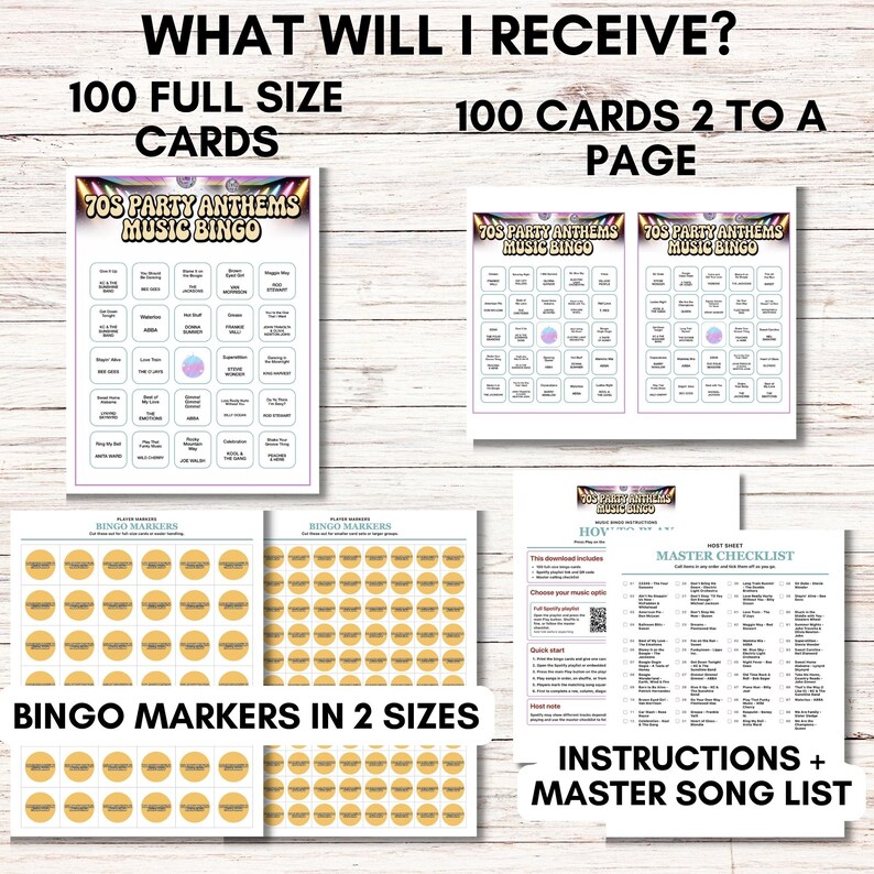 70s Party Anthems Music Bingo, 75 Songs, 100 Cards, Printable Retro Party Game