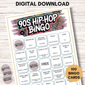 Bingo de hip hop de los 90, bingo musical divertido, 100 cartones únicos, descarga digital, perfecto para reuniones familiares