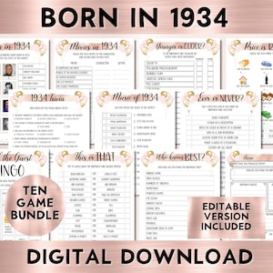 90th Birthday Party Games For Her, Born in 1934 Birthday, Printable Bundle, Instant Download, Editable, Personalize, Price Is Right, BP001