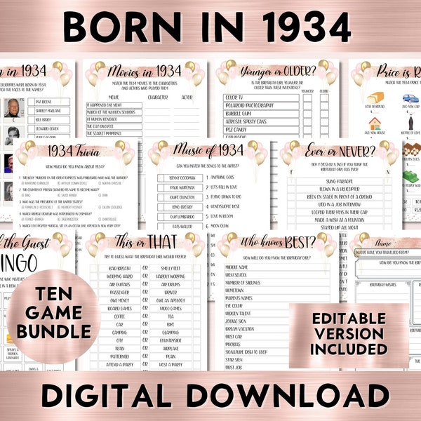 90th Birthday Party Games For Her, Born in 1934 Birthday, Printable Bundle, Instant Download, Editable, Personalize, Price Is Right, BP001