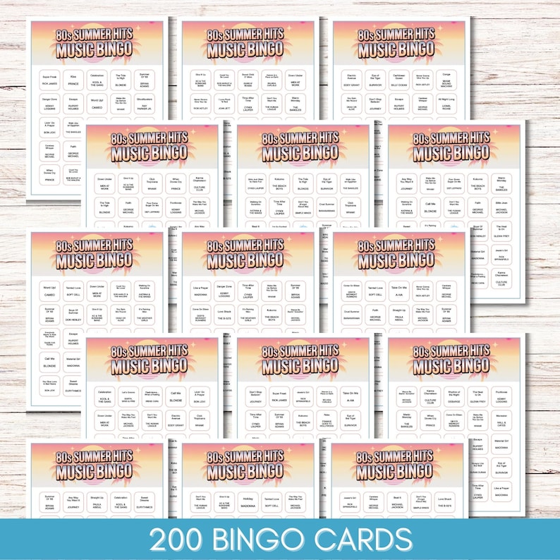 Może przedstawiać: Stos kart do gry w Bingo z muzyką z lat 80. Każda karta ma kolorowy wz&oacute;r zachodu słońca z napisem "80s Summer Hits Music Bingo". Karty są białe z tytułami piosenek w polach. Na dole obrazu widnieje napis "200 kart do gry w Bingo".