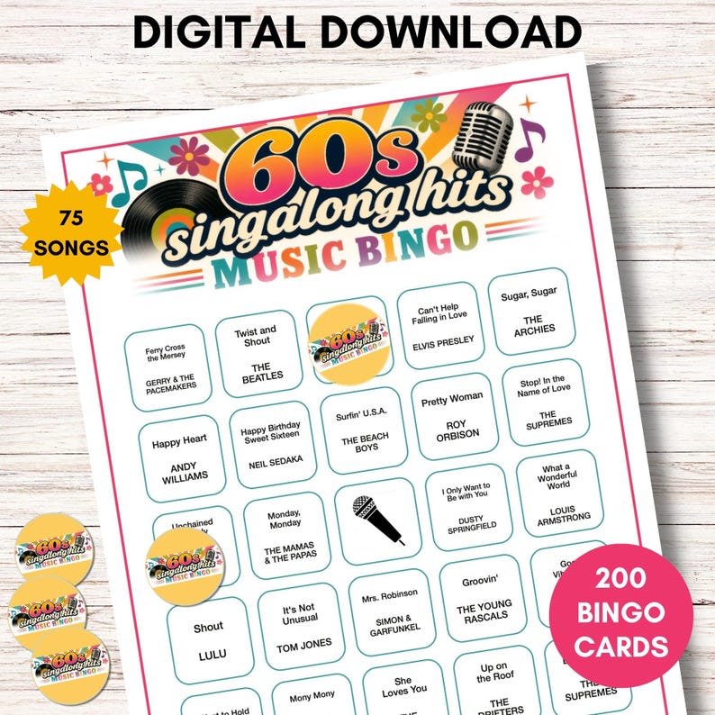 May include: A 60s singalong hits music bingo game card featuring a colourful retro design with a microphone and vinyl record graphic. The card includes 75 songs, 200 bingo cards, and text reading 60s singalong hits MUSIC BINGO, DIGITAL DOWNLOAD.